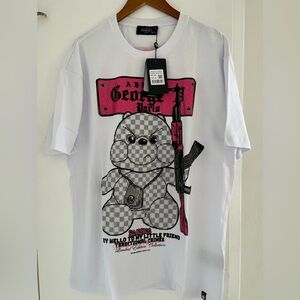 Avenue George V Paris T-Shirt Men's White Shirt Teddy Bear Rhinestone  XL 2XL